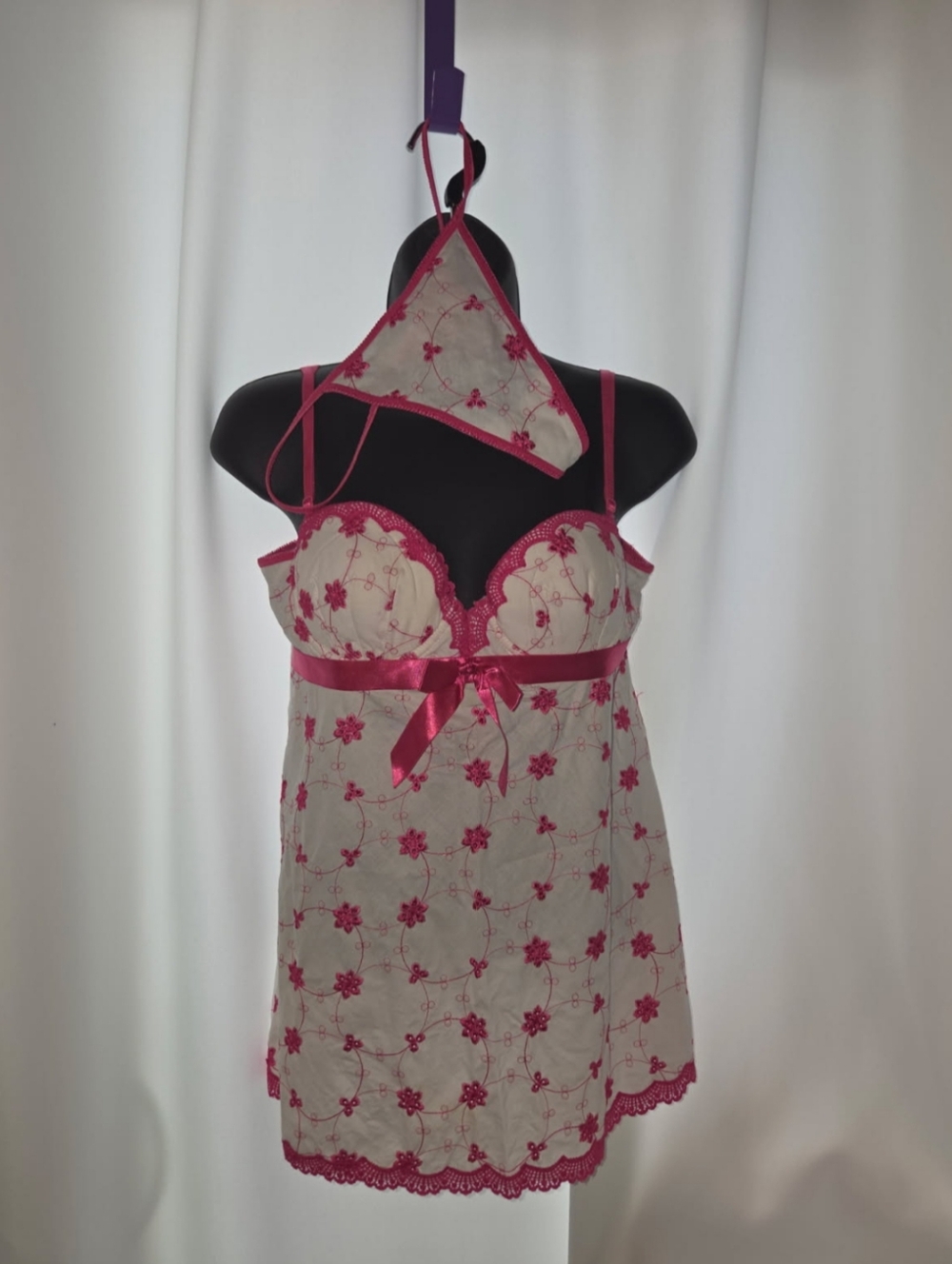 Victoria's Secret Pink Floral Embroidered Babydoll with Matching Thong
